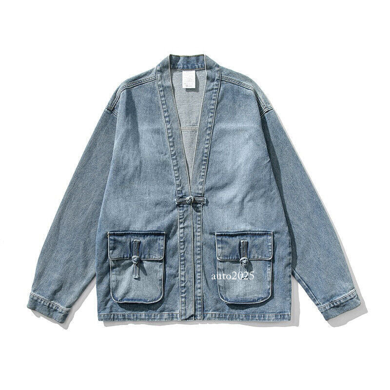Mens Retro Denim Button Loose Coat Chinese Style Tang Zhuang Jean Jackets Casual 9