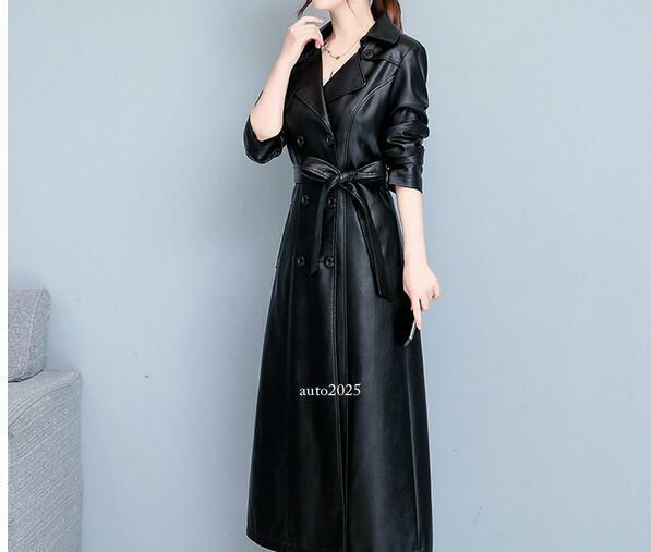 Womens Long Trench Windbreaker Leather Slim Fit Jacket Coat Belt Double Breasted 6