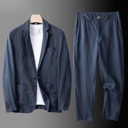 2 PC Men's Linen Suit Summer Causal Blazer + Pants Coat Beach Jacket One Button 26