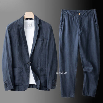2 PC Men's Linen Suit Summer Causal Blazer + Pants Coat Beach Jacket One Button 3