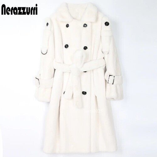 Long Warm Thick Soft Fluffy Faux Fur Trench Coat Double Breasted Pink White Belt 4