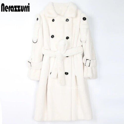 Long Warm Thick Soft Fluffy Faux Fur Trench Coat Double Breasted Pink White Belt 4