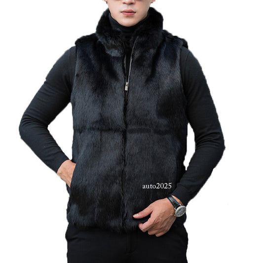 Men's Real Whole Rabbit Fur Winter Warm Coat Jacket Pocket Black Vest Waistcoat 1