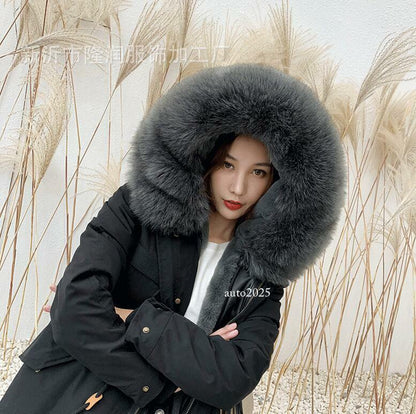 Women Winter Parka Rabbit Fur Lined Big Fox Fur Hooded Outwear Snow Jacket Warm 3