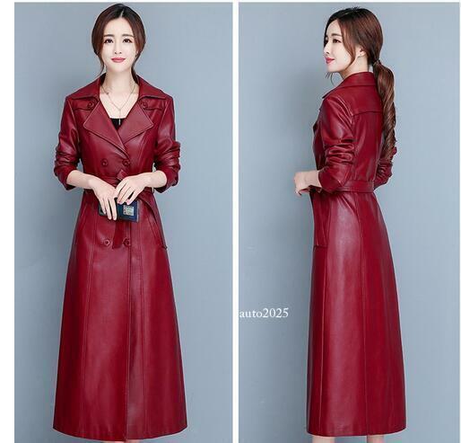 Womens Long Trench Windbreaker Leather Slim Fit Jacket Coat Belt Double Breasted 7
