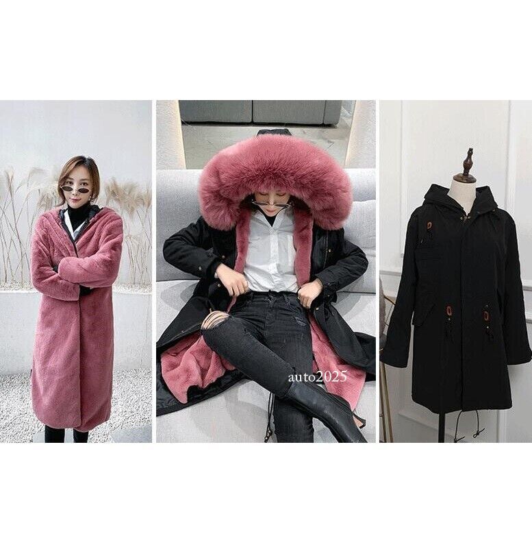 Women Winter Parka Rabbit Fur Lined Big Fox Fur Hooded Outwear Snow Jacket Warm 2