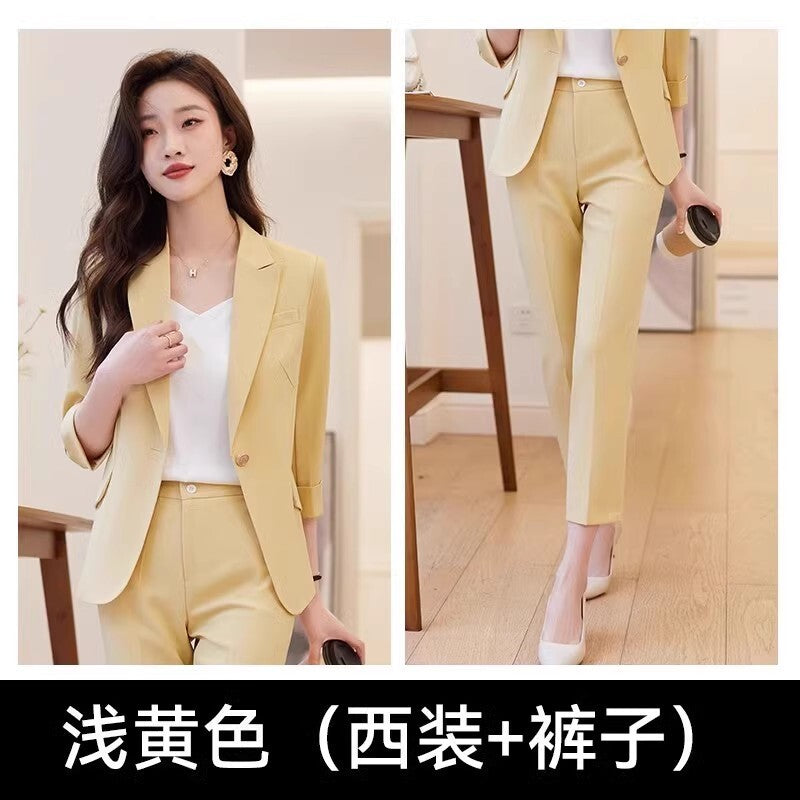 Womens Suits Jacket Pants 3/4 Sleeve Blazer One Button Business Thin Coat Ladies 33