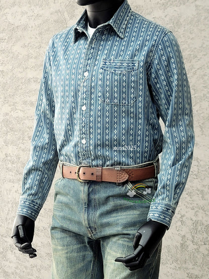 Jacquard Denim Shirt Men's Work Shirt Long Sleeve Shirt Vintage Casual Coat Top 2
