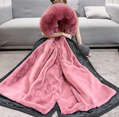 Women Winter Parka Rabbit Fur Lined Big Fox Fur Hooded Outwear Snow Jacket Warm 32