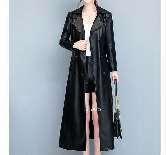 Womens Long Trench Windbreaker Leather Slim Fit Jacket Coat Belt Double Breasted 4