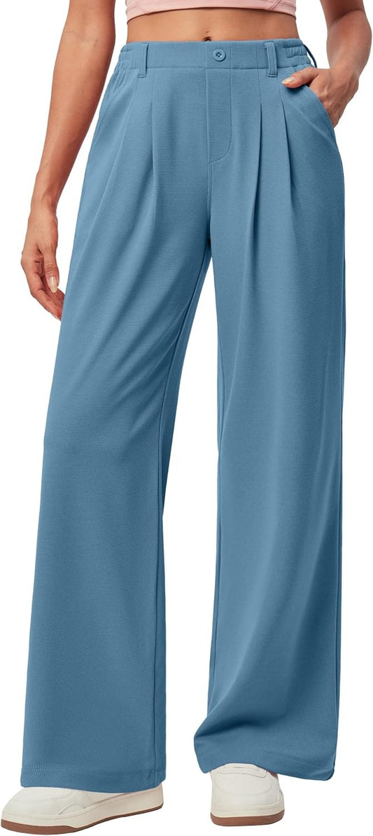 Womens Waffle Knit Wide Leg Dress Pants High Waist Stretchy Work Casual Trousers 1