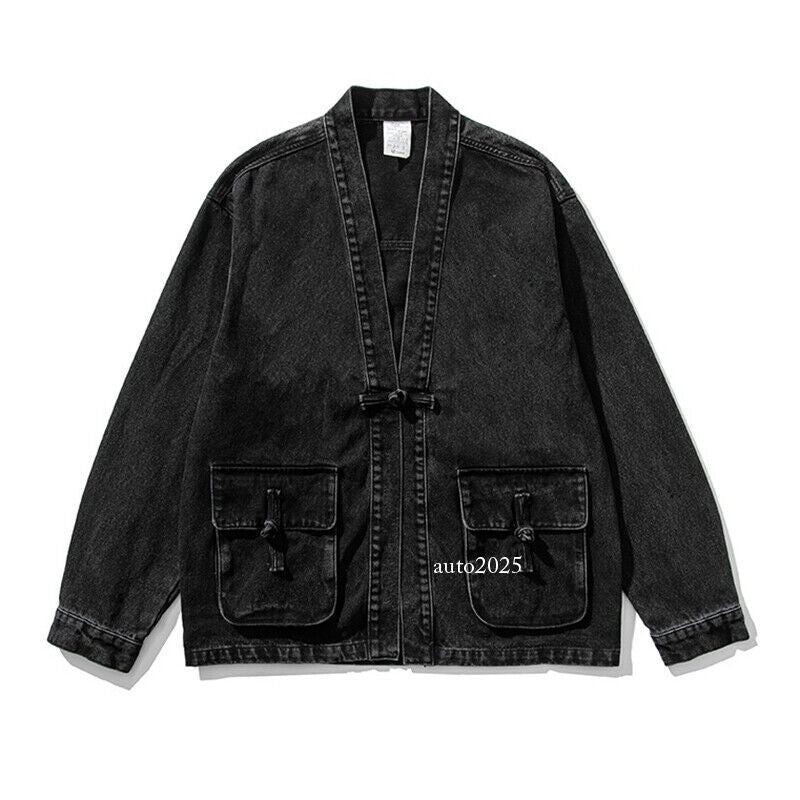 Mens Retro Denim Button Loose Coat Chinese Style Tang Zhuang Jean Jackets Casual 12
