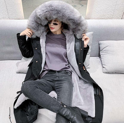 Women Winter Parka Rabbit Fur Lined Big Fox Fur Hooded Outwear Snow Jacket Warm 30
