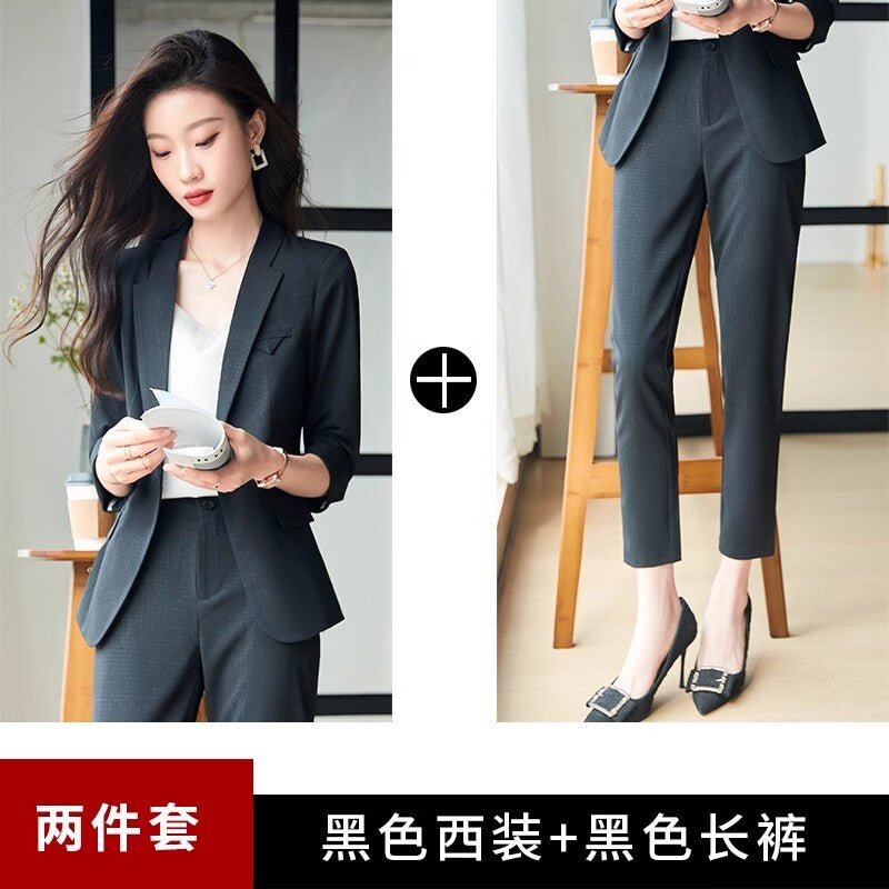 Womens Suits Jacket Pants 3/4 Sleeve Blazer One Button Business Thin Coat Ladies 32