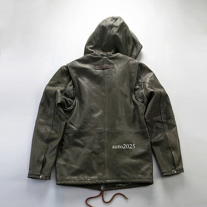 Hooded Hunting Suit Genuine Leather Suit Mens Military Green Goat Leather Jacket 2
