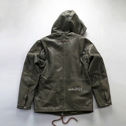 Hooded Hunting Suit Genuine Leather Suit Mens Military Green Goat Leather Jacket 2