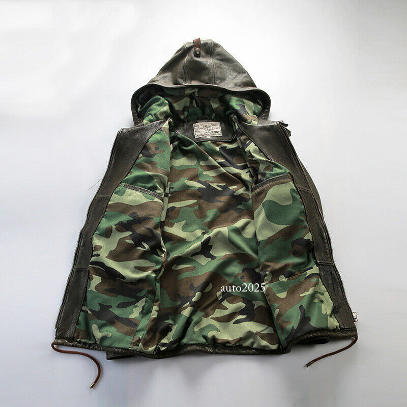 Hooded Hunting Suit Genuine Leather Suit Mens Military Green Goat Leather Jacket 21