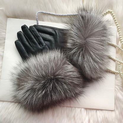 Real Sheepskin Fur Gloves Women's Leather Glove Warm Style Fluffy Fur Oversized 42
