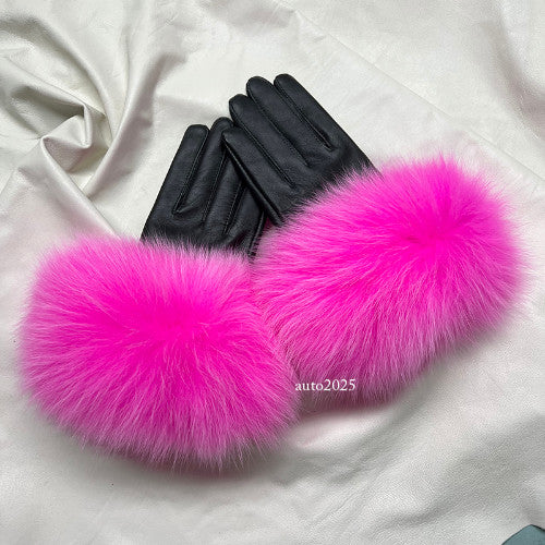 Real Sheepskin Fur Gloves Women's Leather Glove Warm Style Fluffy Fur Oversized 19