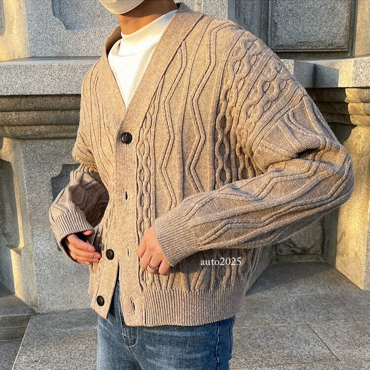 Retro Style V Neck Mens Loose Fit Knitwear Cardigan Sweater Coat Spring Outwears 3