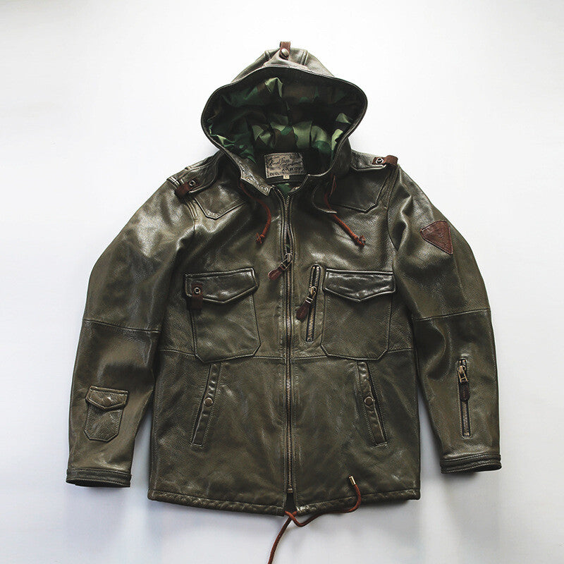 Hooded Hunting Suit Genuine Leather Suit Mens Military Green Goat Leather Jacket 25