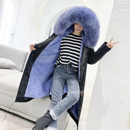 Women Winter Parka Rabbit Fur Lined Big Fox Fur Hooded Outwear Snow Jacket Warm 19