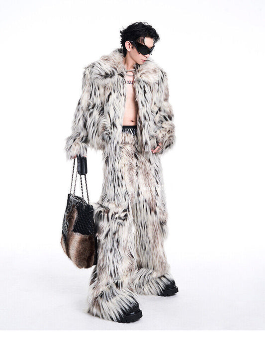 New Leopard Print Long Fur Coat Mens Winter Short Imitating Fur Furry Coat Pants 1