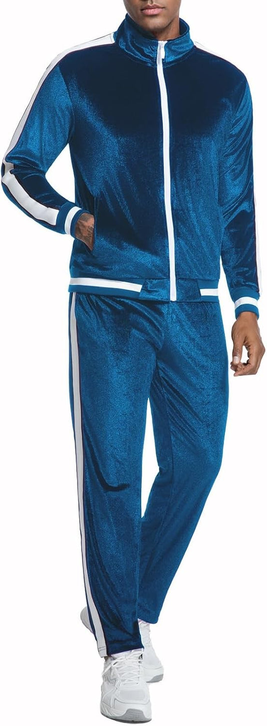 Men's Velour Tracksuit 2PC Full Zip Jacket Pants Set Athletic Fit Stripe - Variants 1-5 1