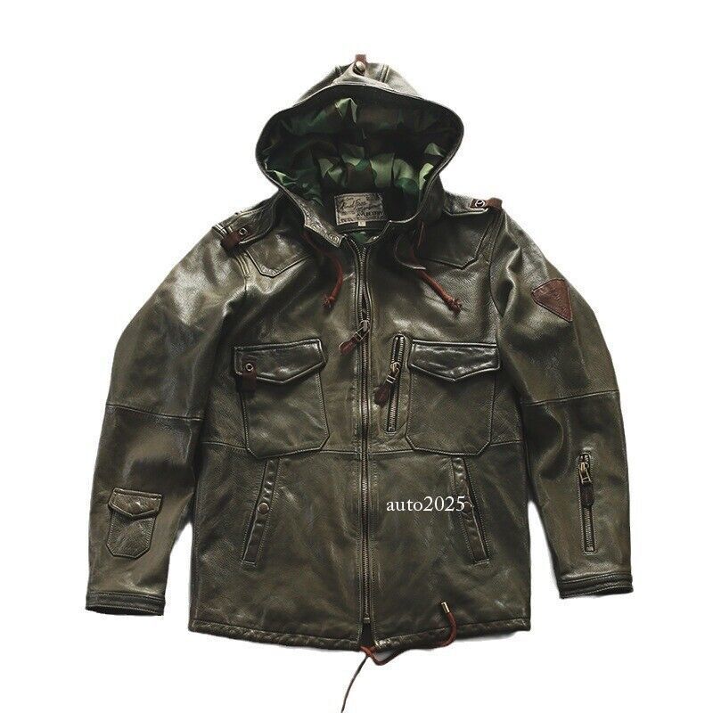 Hooded Hunting Suit Genuine Leather Suit Mens Military Green Goat Leather Jacket 5