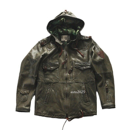 Hooded Hunting Suit Genuine Leather Suit Mens Military Green Goat Leather Jacket 5