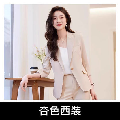 Womens Suits Jacket Pants 3/4 Sleeve Blazer One Button Business Thin Coat Ladies 30