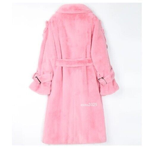 Long Warm Thick Soft Fluffy Faux Fur Trench Coat Double Breasted Pink White Belt 17
