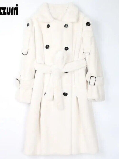 Long Warm Thick Soft Fluffy Faux Fur Trench Coat Double Breasted Pink White Belt 18