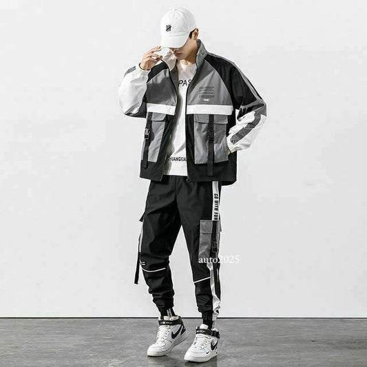 Mens Hip Hop Jacket Tracksuit Jacket+pants 2pc Sets Loose Coat & Long Pants W 1