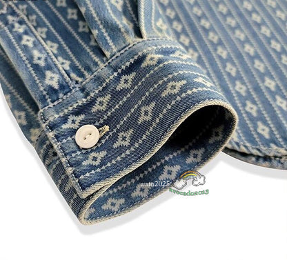 Jacquard Denim Shirt Men's Work Shirt Long Sleeve Shirt Vintage Casual Coat Top 20