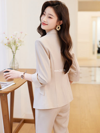 Womens Suits Jacket Pants 3/4 Sleeve Blazer One Button Business Thin Coat Ladies 5