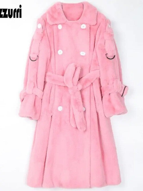 Long Warm Thick Soft Fluffy Faux Fur Trench Coat Double Breasted Pink White Belt 27