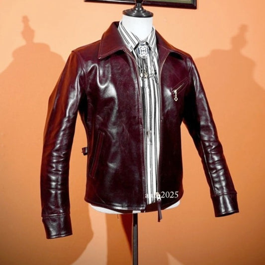 Men's Vintage Style Waxed Horsehide Biker Jacket Veg-Tan Tea-Core Leather 1