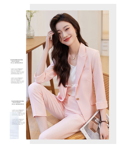 Womens Suits Jacket Pants 3/4 Sleeve Blazer One Button Business Thin Coat Ladies 9