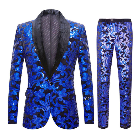 2X Men Sequin Tuxedo Jacket Suit Blazer Coat Party Showman Fancy Dress Pants Set 1