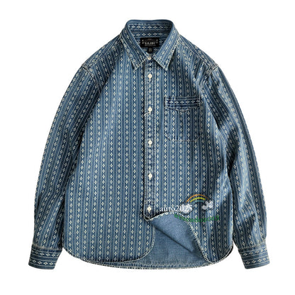 Jacquard Denim Shirt Men's Work Shirt Long Sleeve Shirt Vintage Casual Coat Top 5