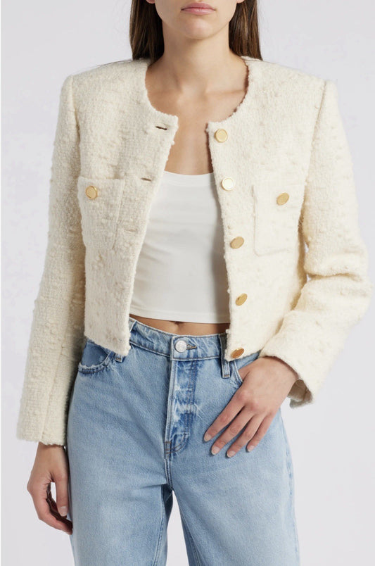 Frame Women's Cropped Tweed Blazer Jacket Long Sleeve Size XS Cream 1