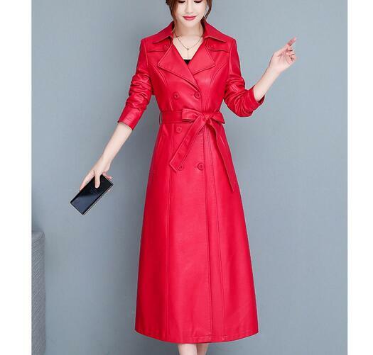 Womens Long Trench Windbreaker Leather Slim Fit Jacket Coat Belt Double Breasted 15
