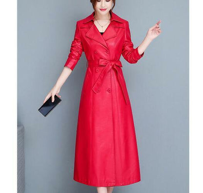 Womens Long Trench Windbreaker Leather Slim Fit Jacket Coat Belt Double Breasted 15