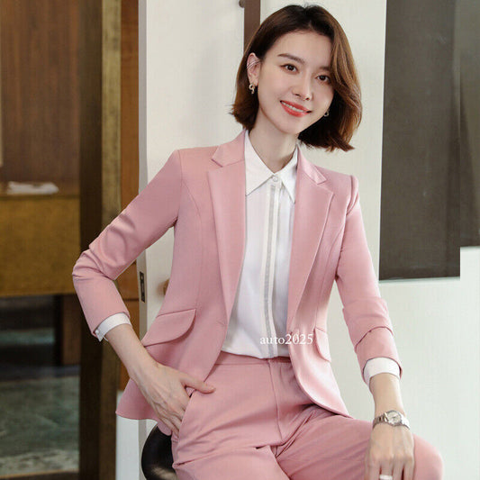 Women's Pink Suit Temperament Lapel Collar Teacher Work Clothes Jacket Pants 1