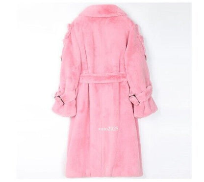 Long Warm Thick Soft Fluffy Faux Fur Trench Coat Double Breasted Pink White Belt 16