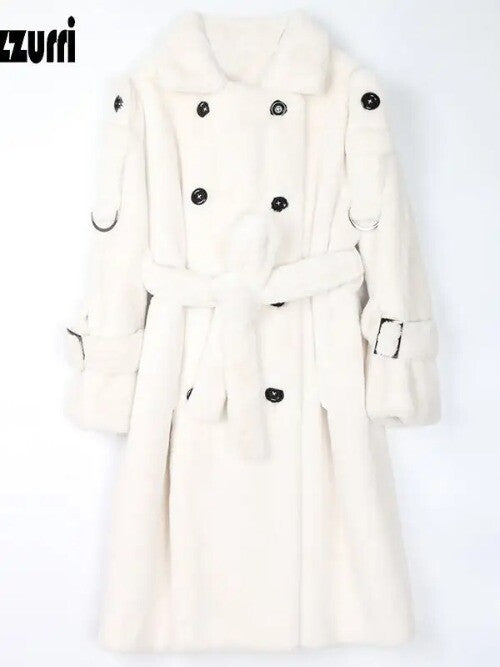 Long Warm Thick Soft Fluffy Faux Fur Trench Coat Double Breasted Pink White Belt 25