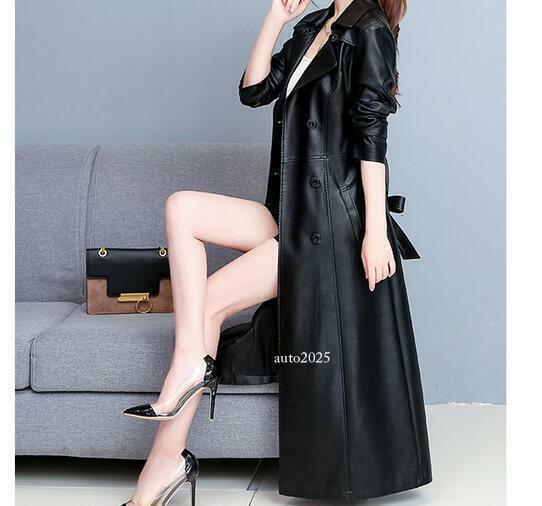 Womens Long Trench Windbreaker Leather Slim Fit Jacket Coat Belt Double Breasted 5